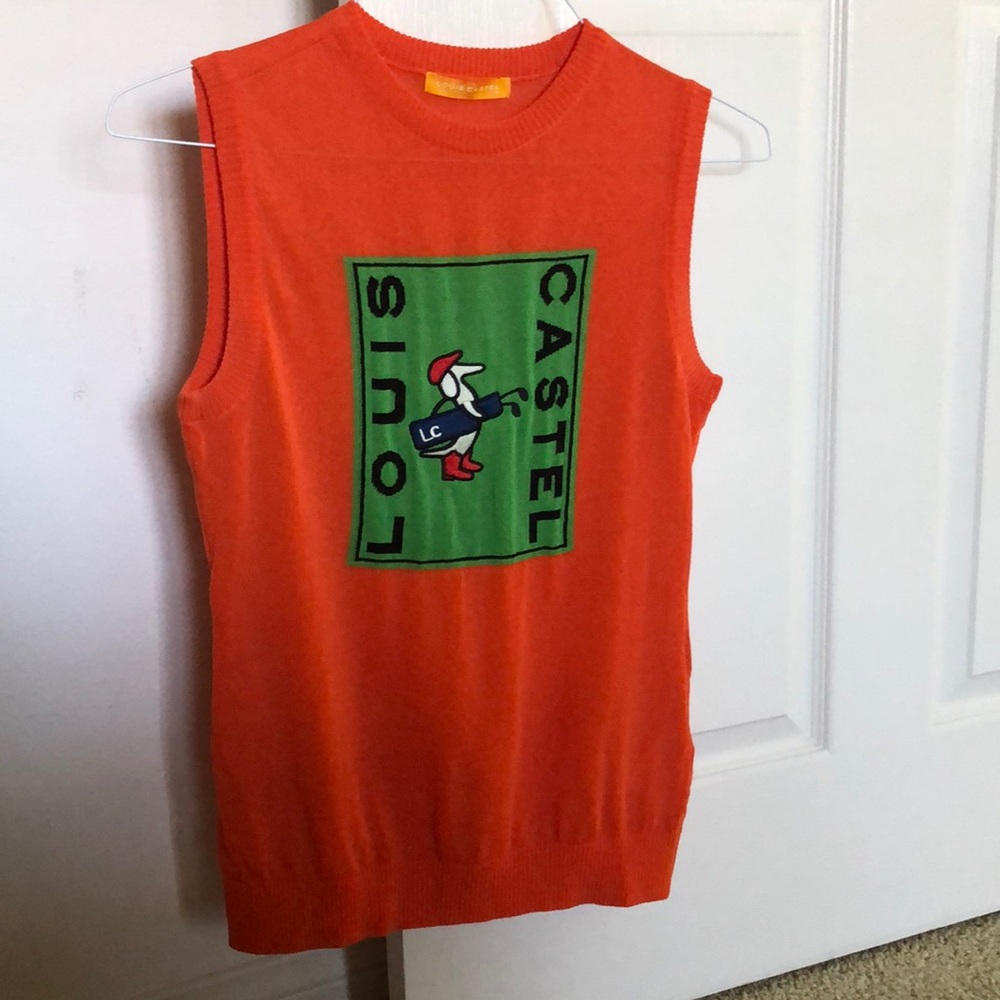 Louis Castel sweater vest orange. Size small 90 worn only once. Great for Golf.